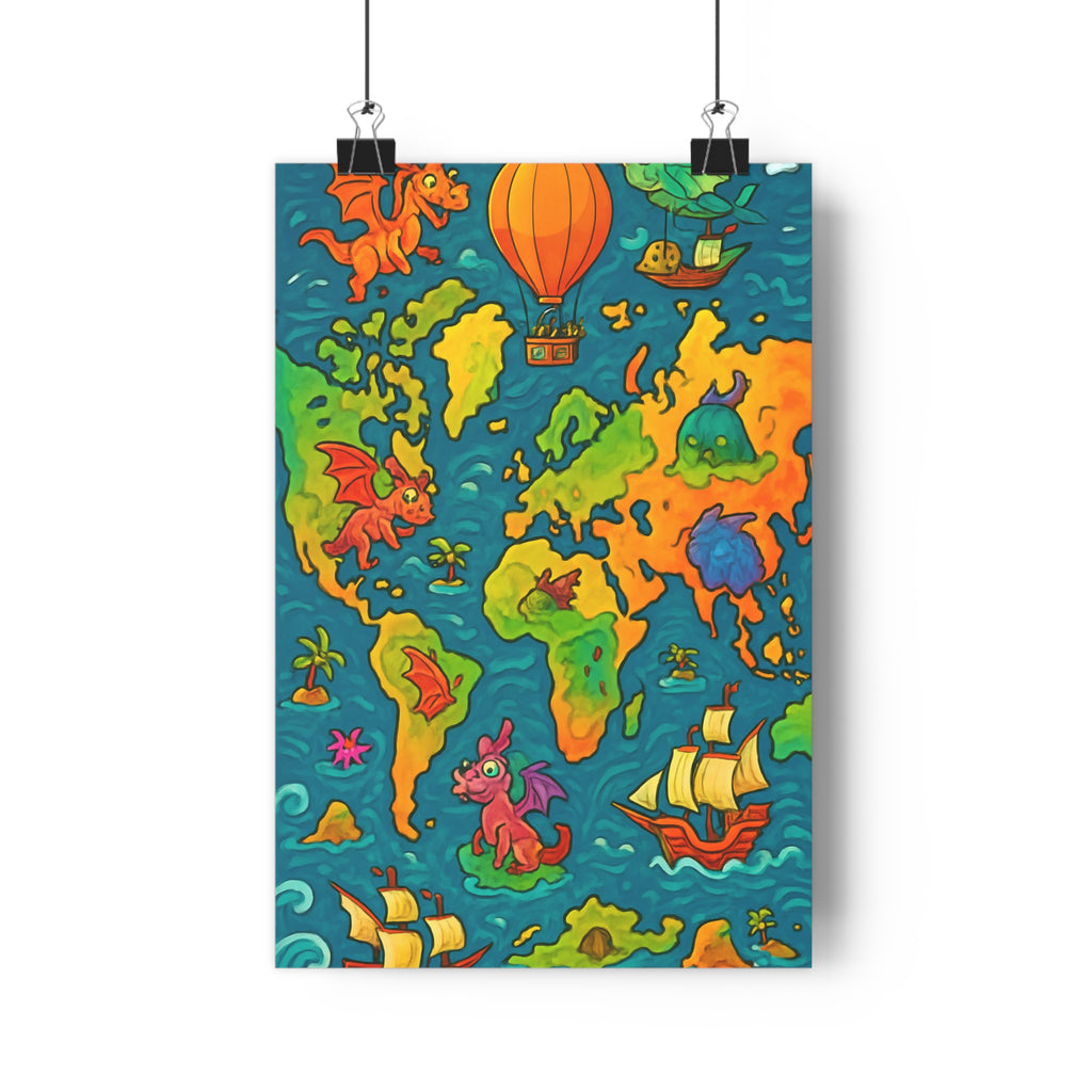 Poster décoratif carte monde aventureux dragons colorés chambre enfant style cartoon fantasy ludique vibrant