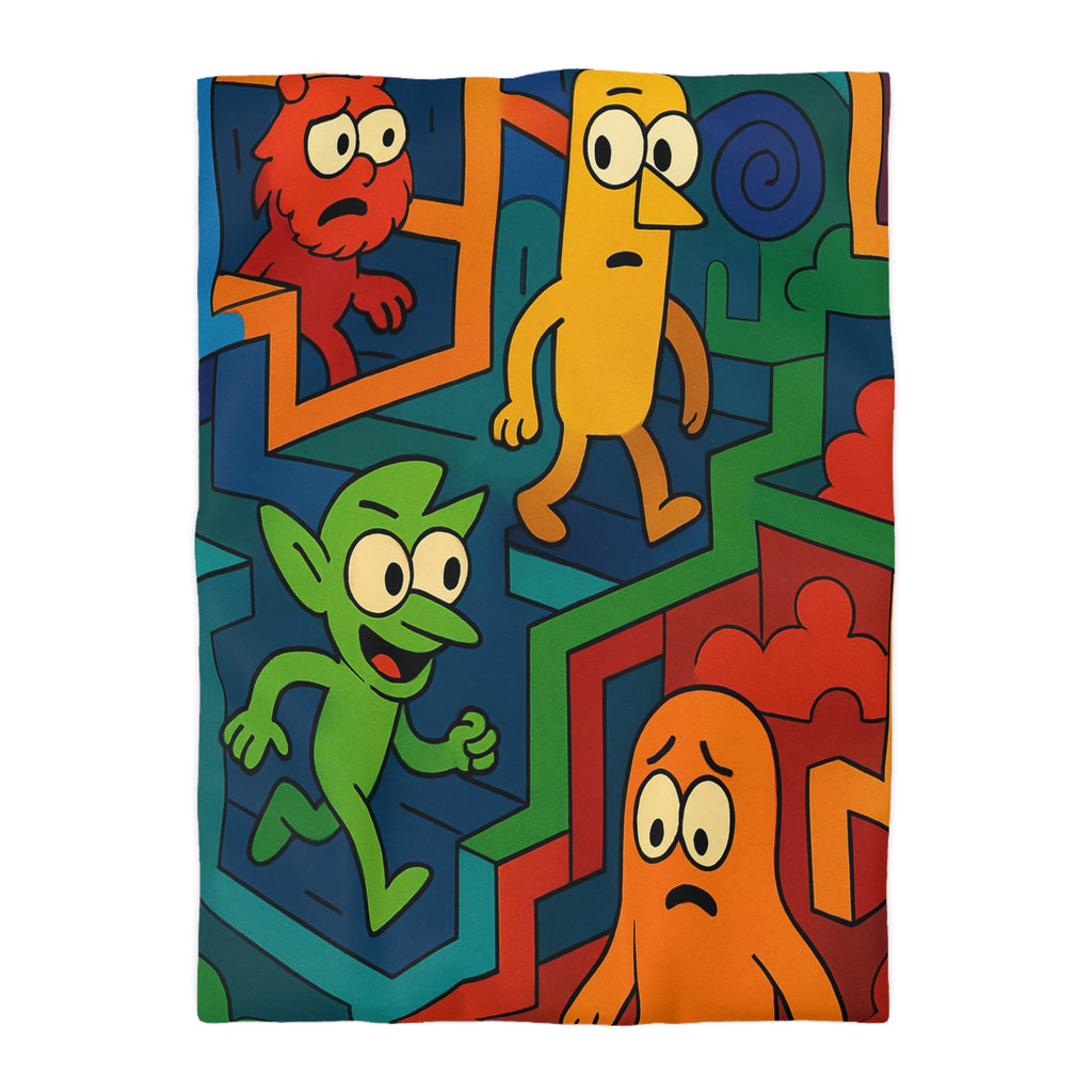 Housse de couette multicolore avec labyrinthes et personnages fantaisistes en motifs géométriques
