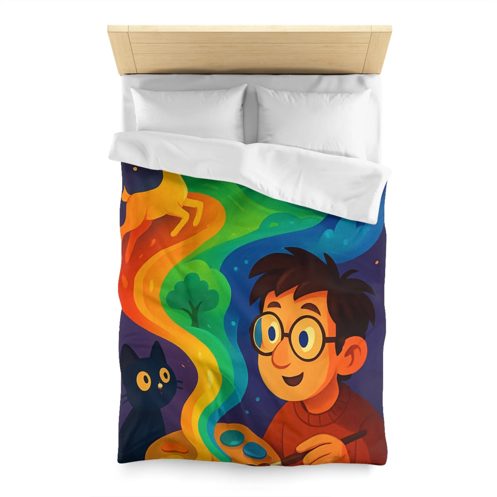 Housse de couette colorée illustrée avec artiste, palette et animaux fantastiques