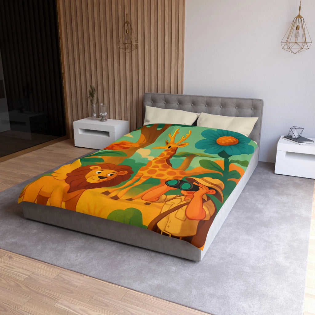 Housse de couette enfant safari : lion, girafe, explorateur, jungle colorée et joyeuse