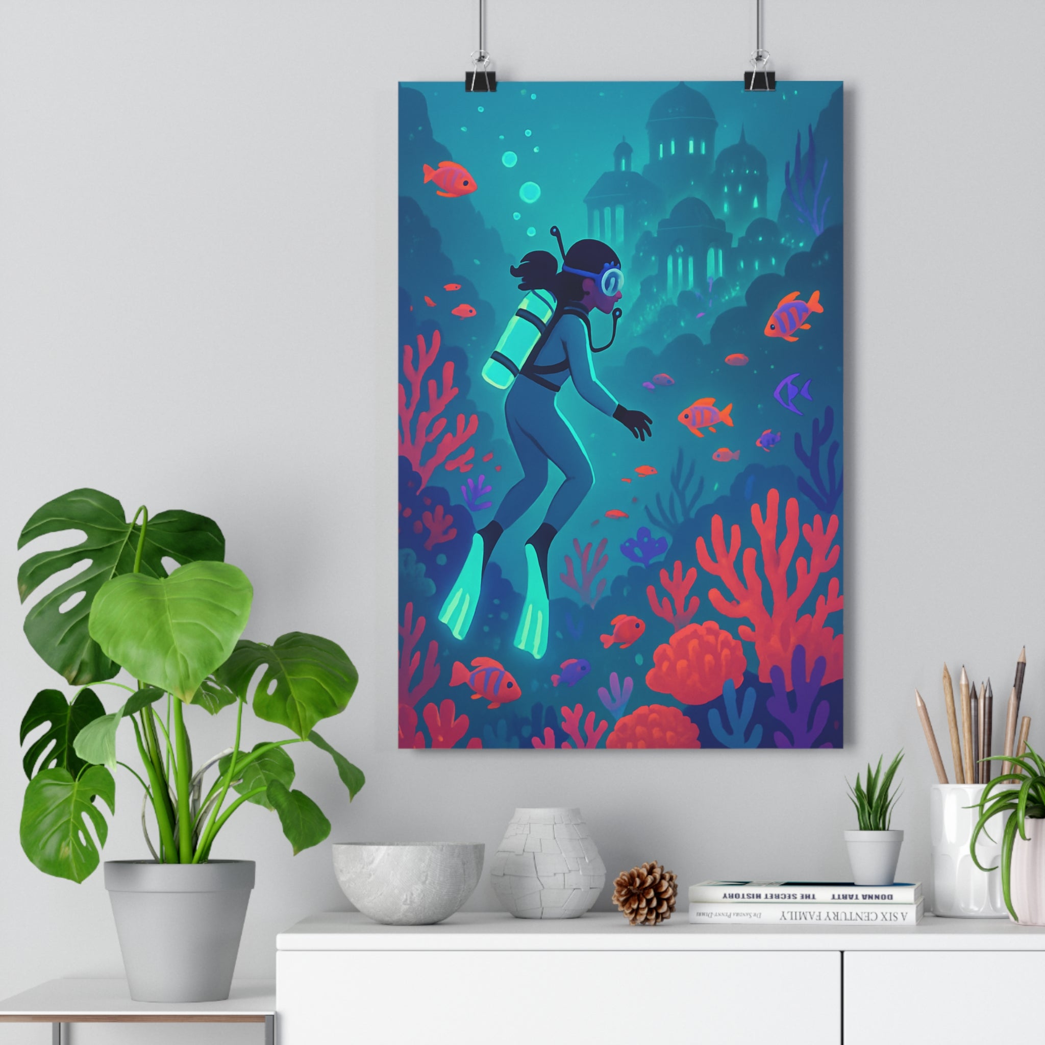 Poster décoratif scène océan bleu corail aventure mystique chambre bureau moderne exploration vibrant 30x46