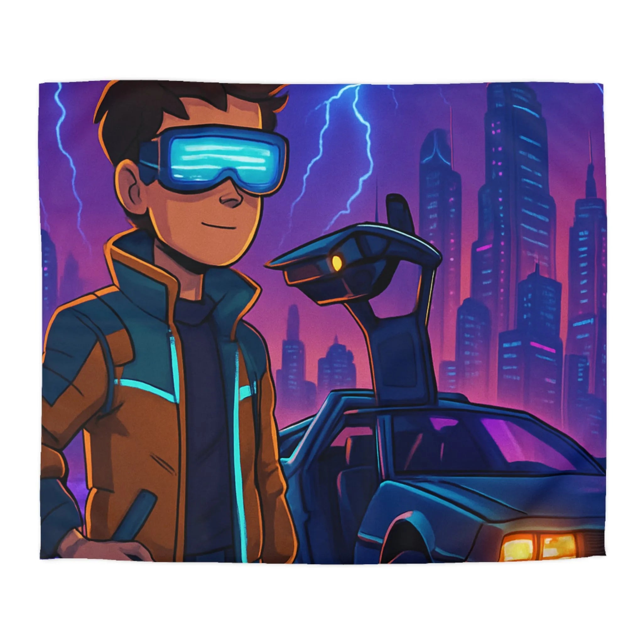 Housse de Couette Futuriste Style Rétro avec Éclair, Voiture et Jeune Garçon Aventureux