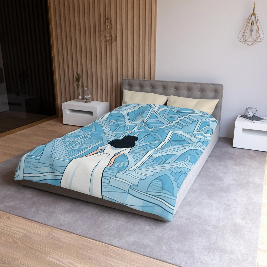 Housse de couette escalier infini en bleu avec femme en robe blanche contemporaine