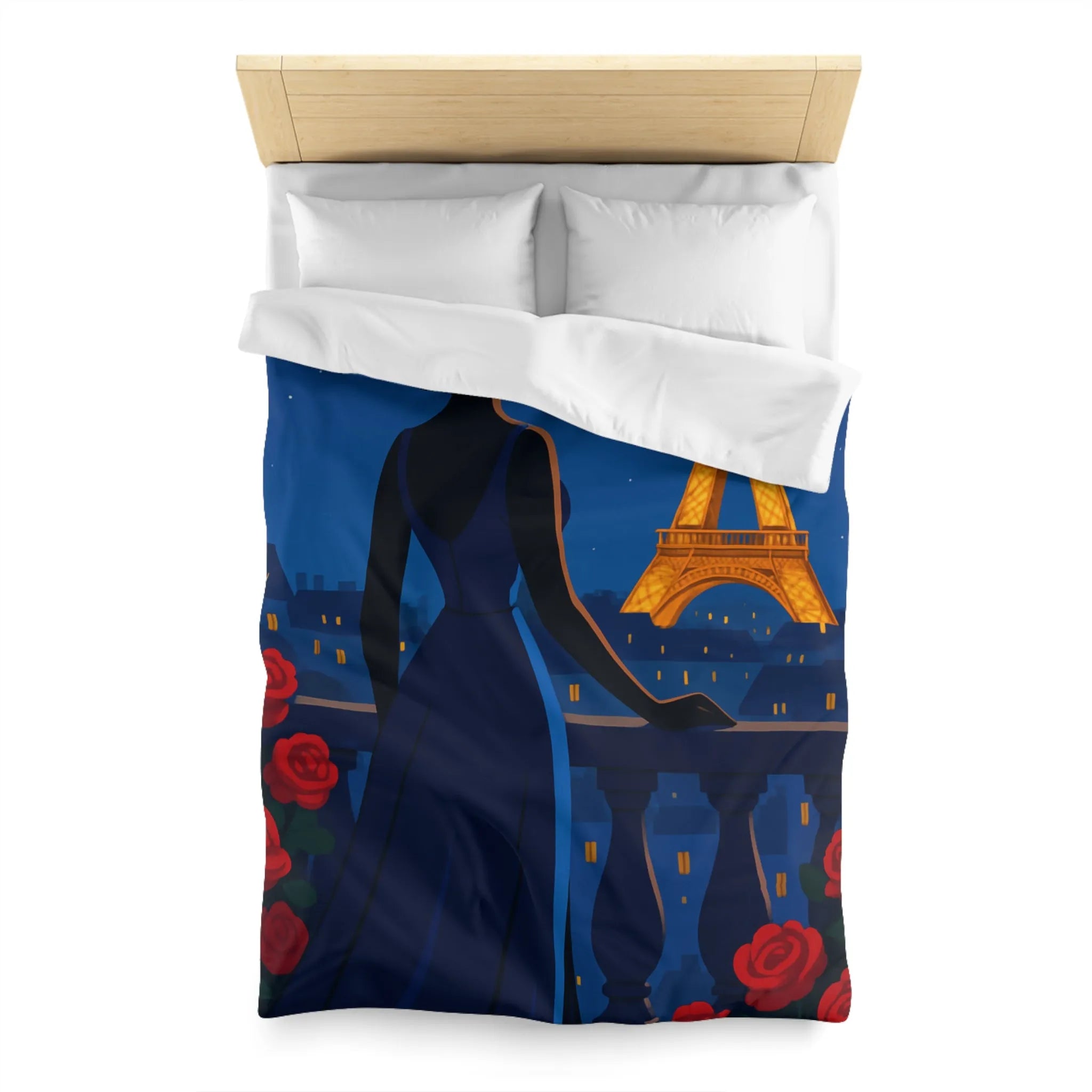 Housse de couette élégante avec vue nocturne sur Paris et roses rouges vibrantes