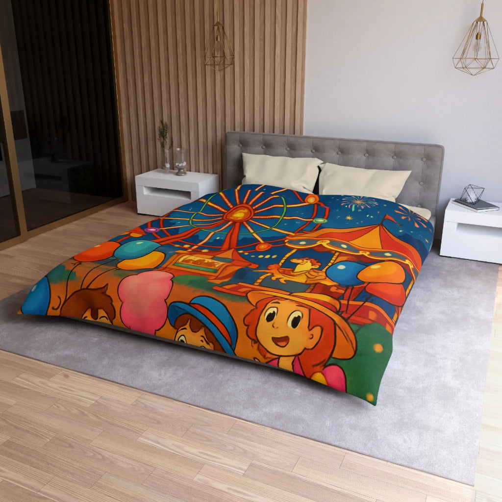 Housse de Couette Enfantine avec Grande Roue, Enfants et Feux d’Artifice Colorés