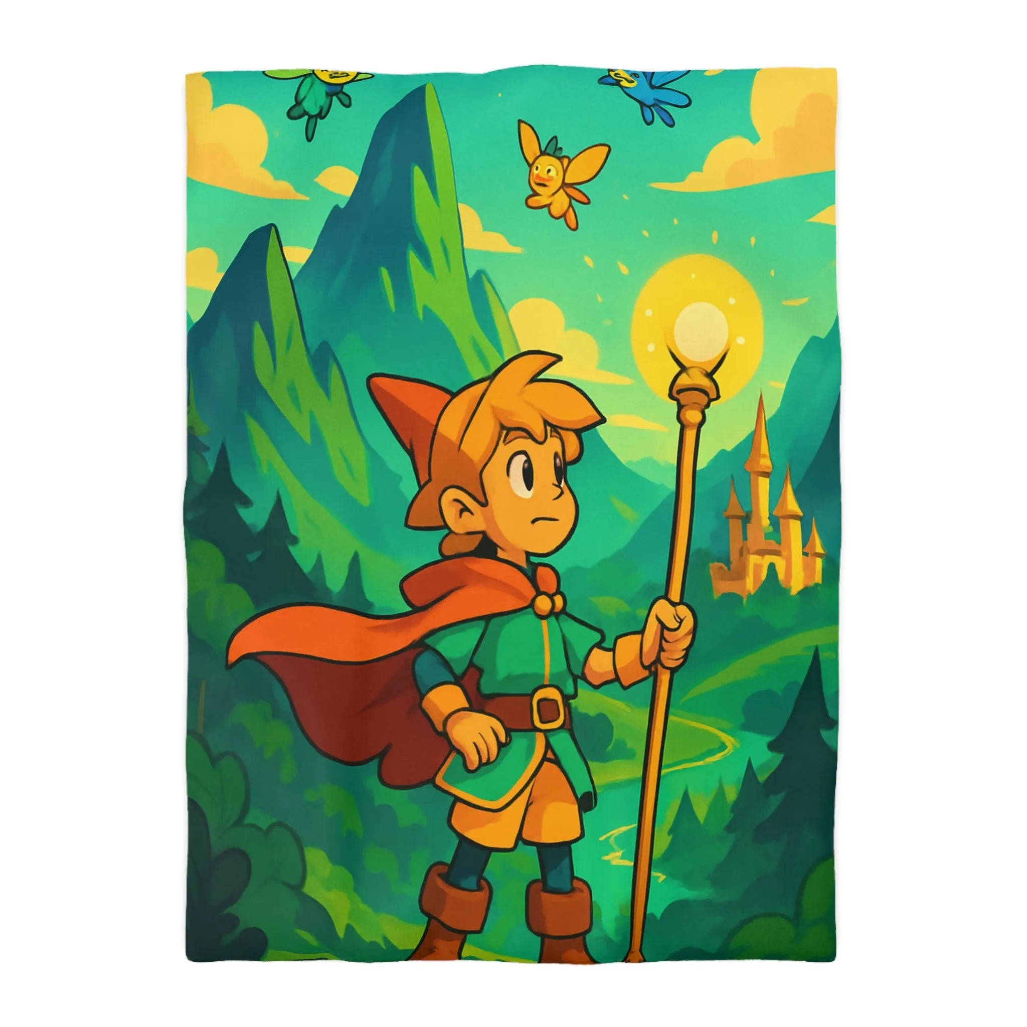 Housse de couette enfant avec illustration magique d'un explorateur et créatures mystiques