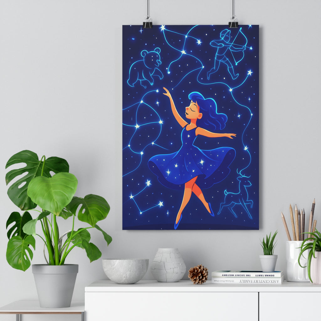 Poster décoratif cosmique bleu lumineux poétique mystique chambre salon enfant fille étoilé constellation danse