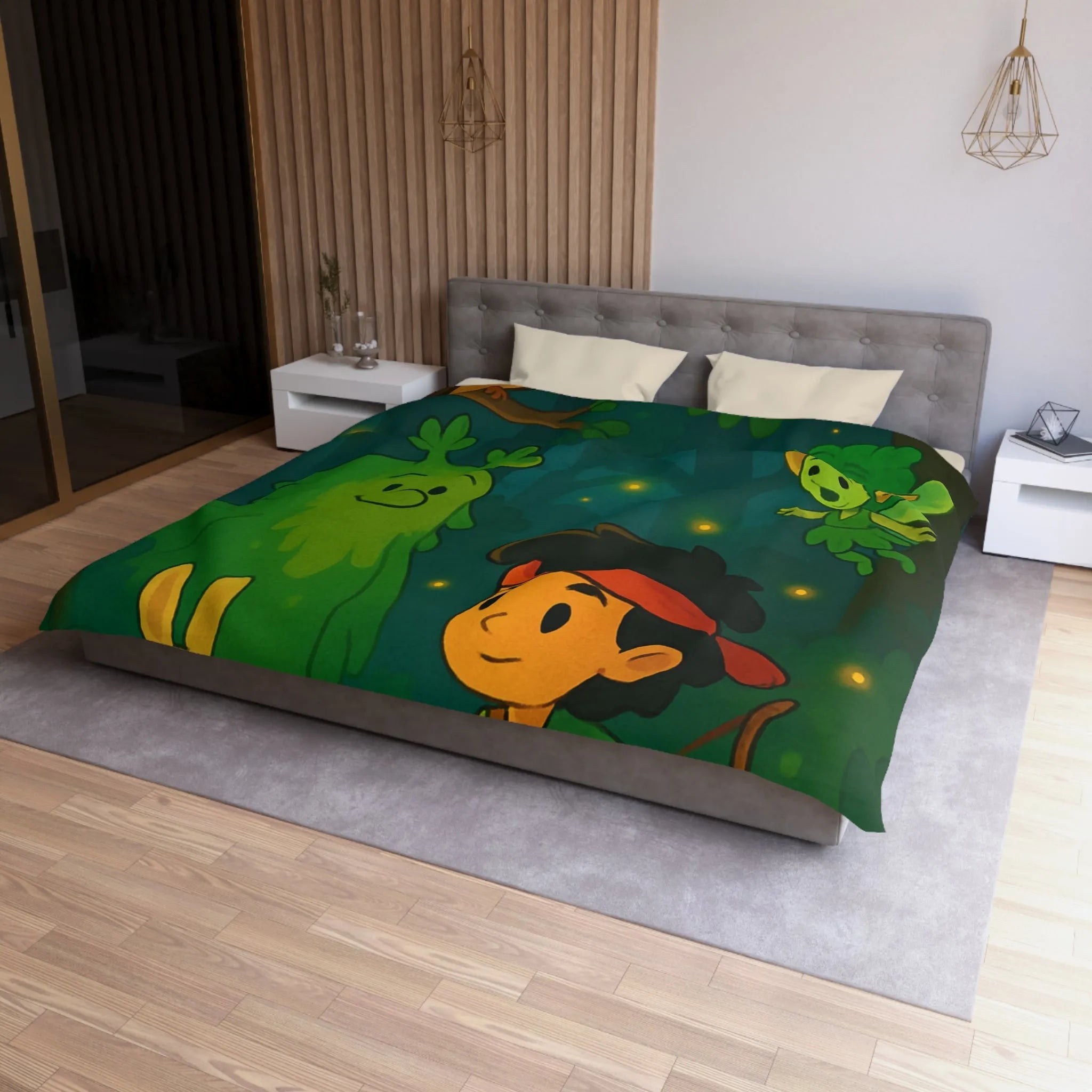 Housse de couette enfant illustrée avec scène de forêt enchantée et personnages magiques