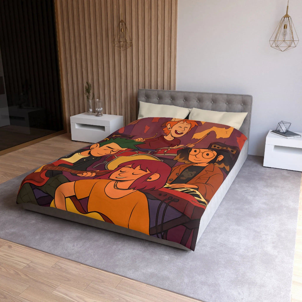 Housse de couette colorée avec jeunes musiciens animés jouant en harmonie joyeuse