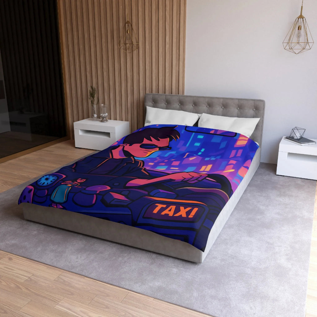 Housse de couette avec illustration rétro taxi urbain style néon pour chambre moderne