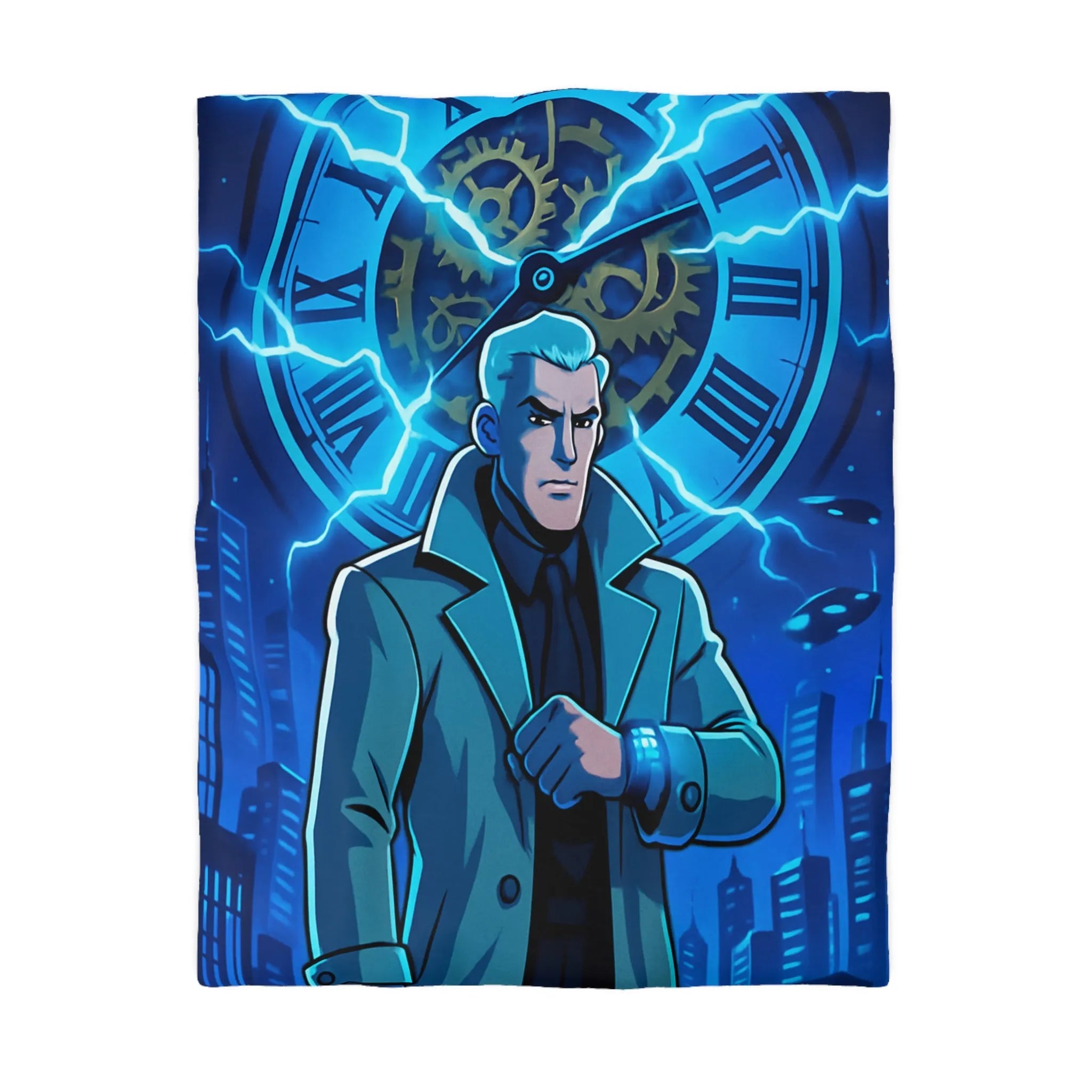 Housse de Couette Inspiration Futuriste avec Horloge Éclair et Personnage Mystérieux en Manteau