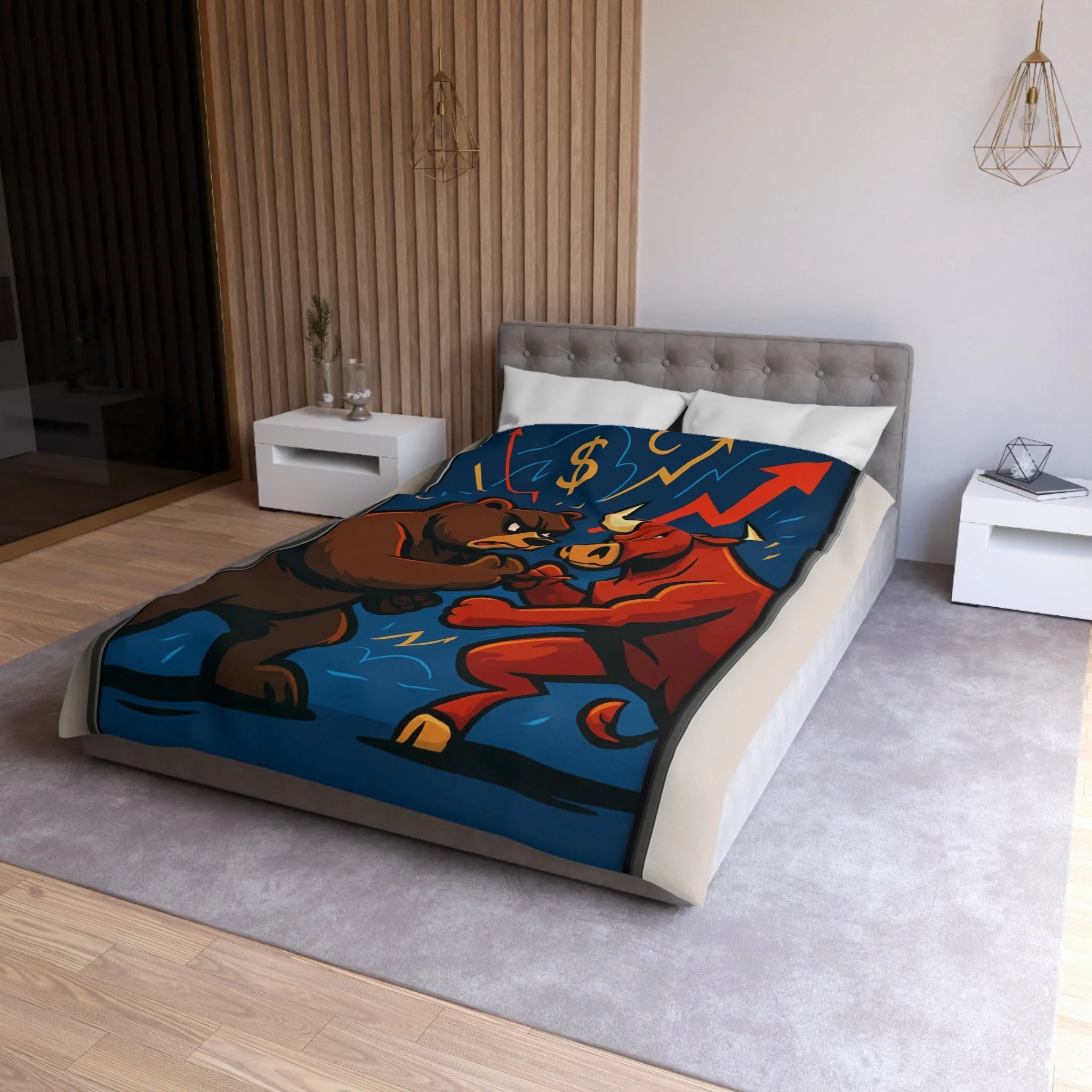 Housse de couette avec motif taureau et ours symbolisant les tendances du marché boursier