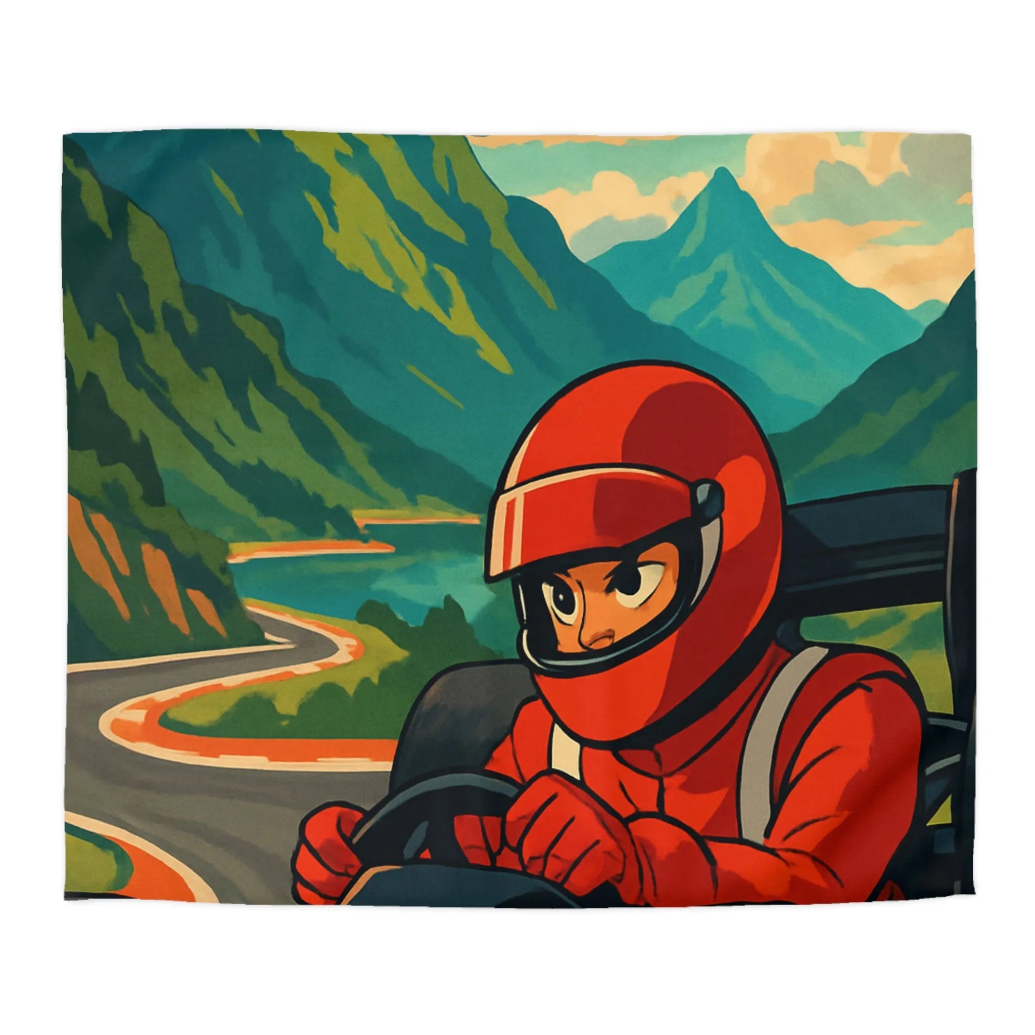Housse de couette inspirée par une course en montagne avec conducteur en combinaison rouge