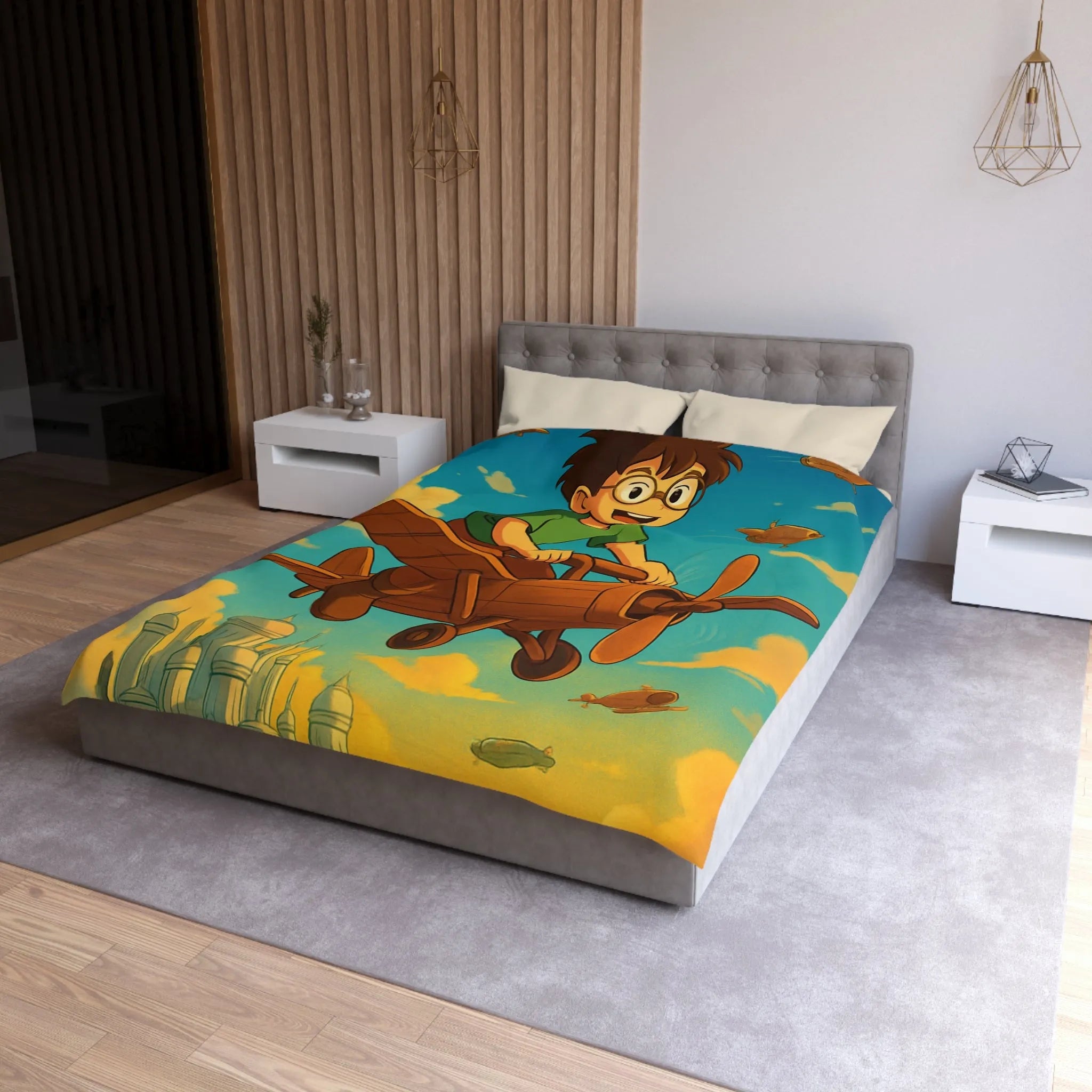 Aventure enfantine avec avion en bois survolant palais nuageux au coucher du soleil