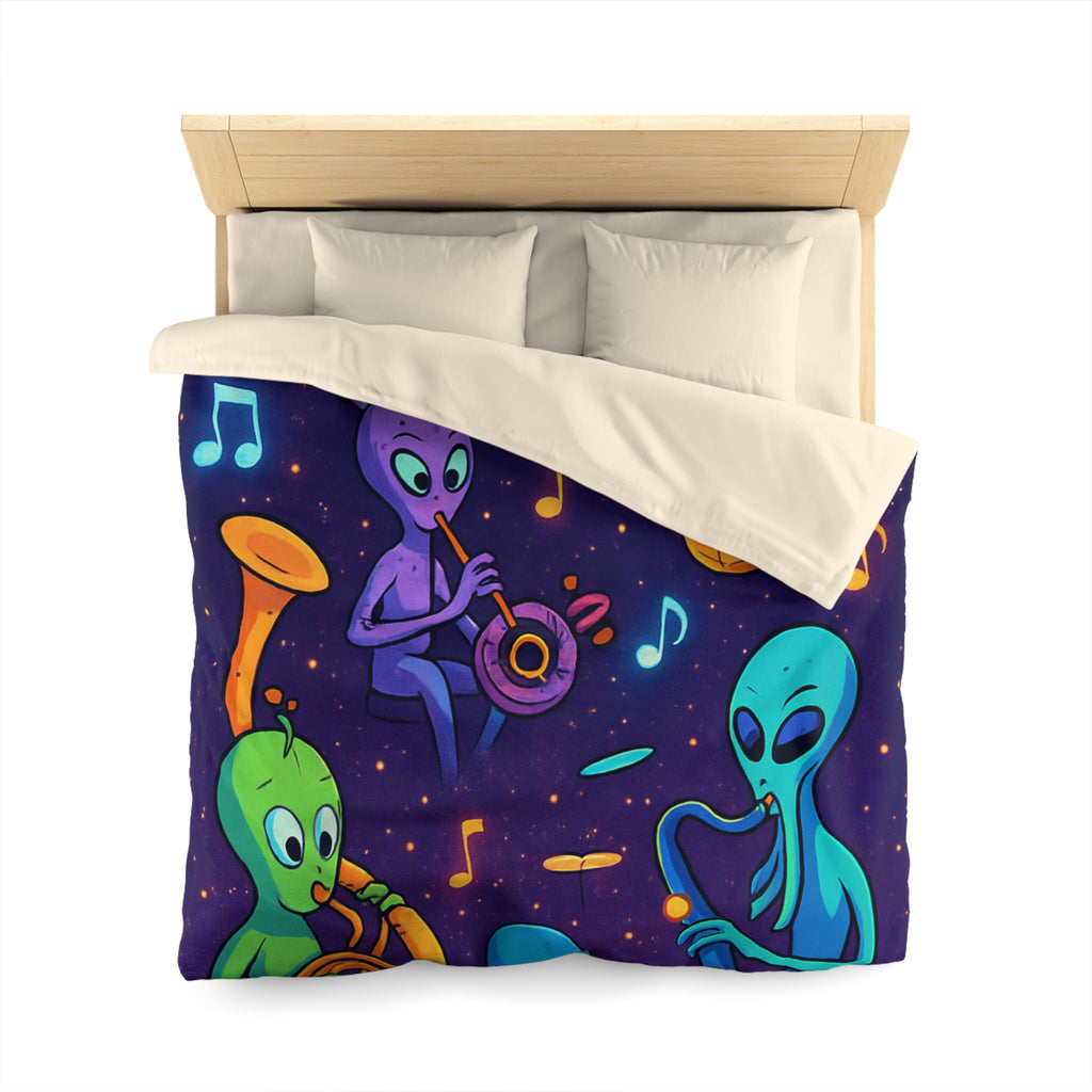 Housse de Couette Motif Aliens Musiciens Colorés Enchantant L'univers Spatial Fantastique