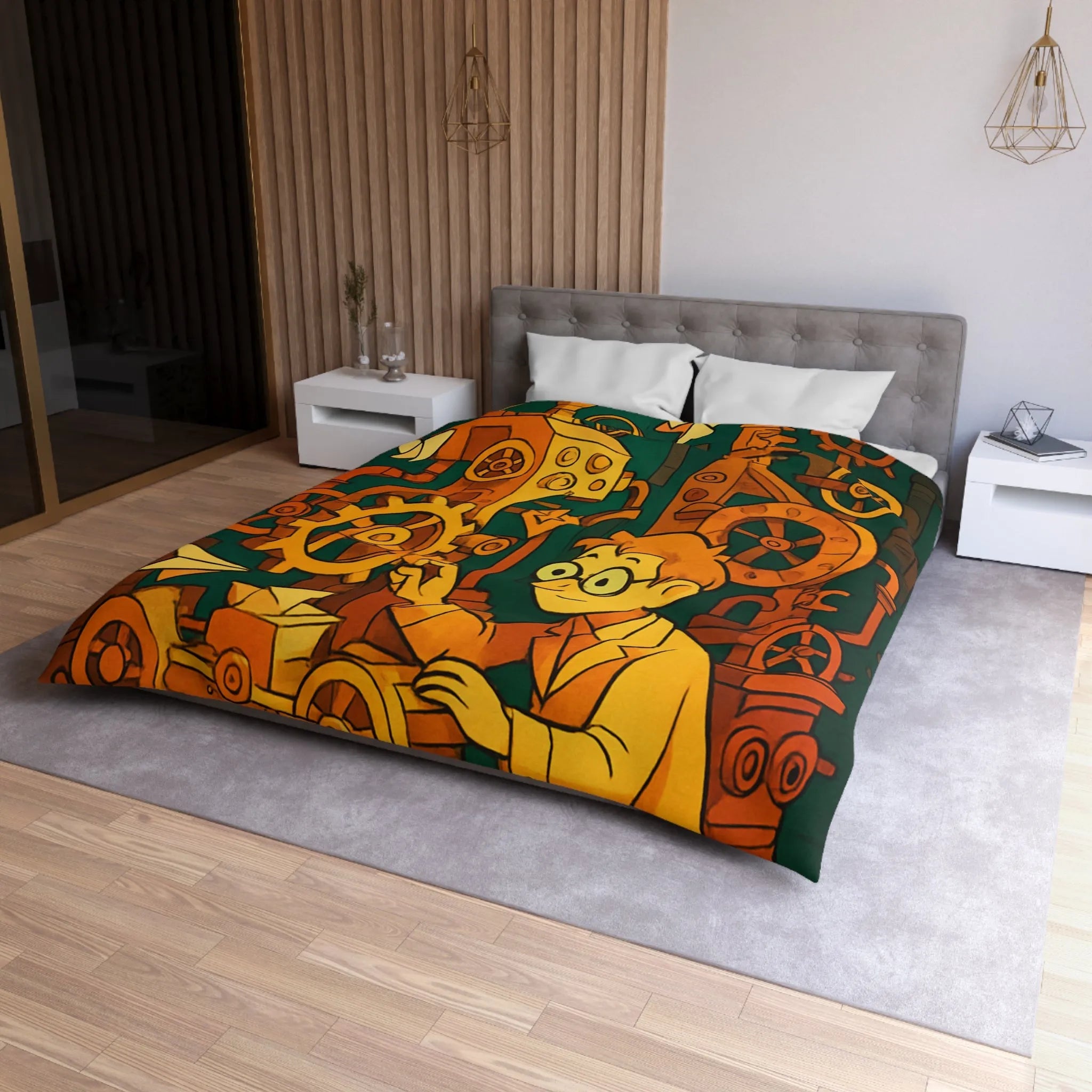 Housse de couette machine steampunk colorée avec papillons et ingénieur rêveur illustration automne