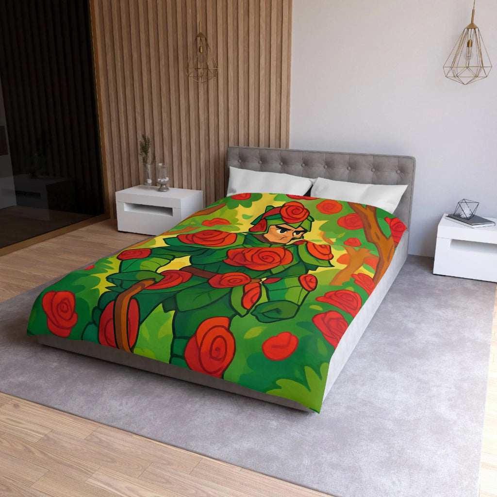 Housse de couette au design chevalier floral avec roses rouges et feuillage vert