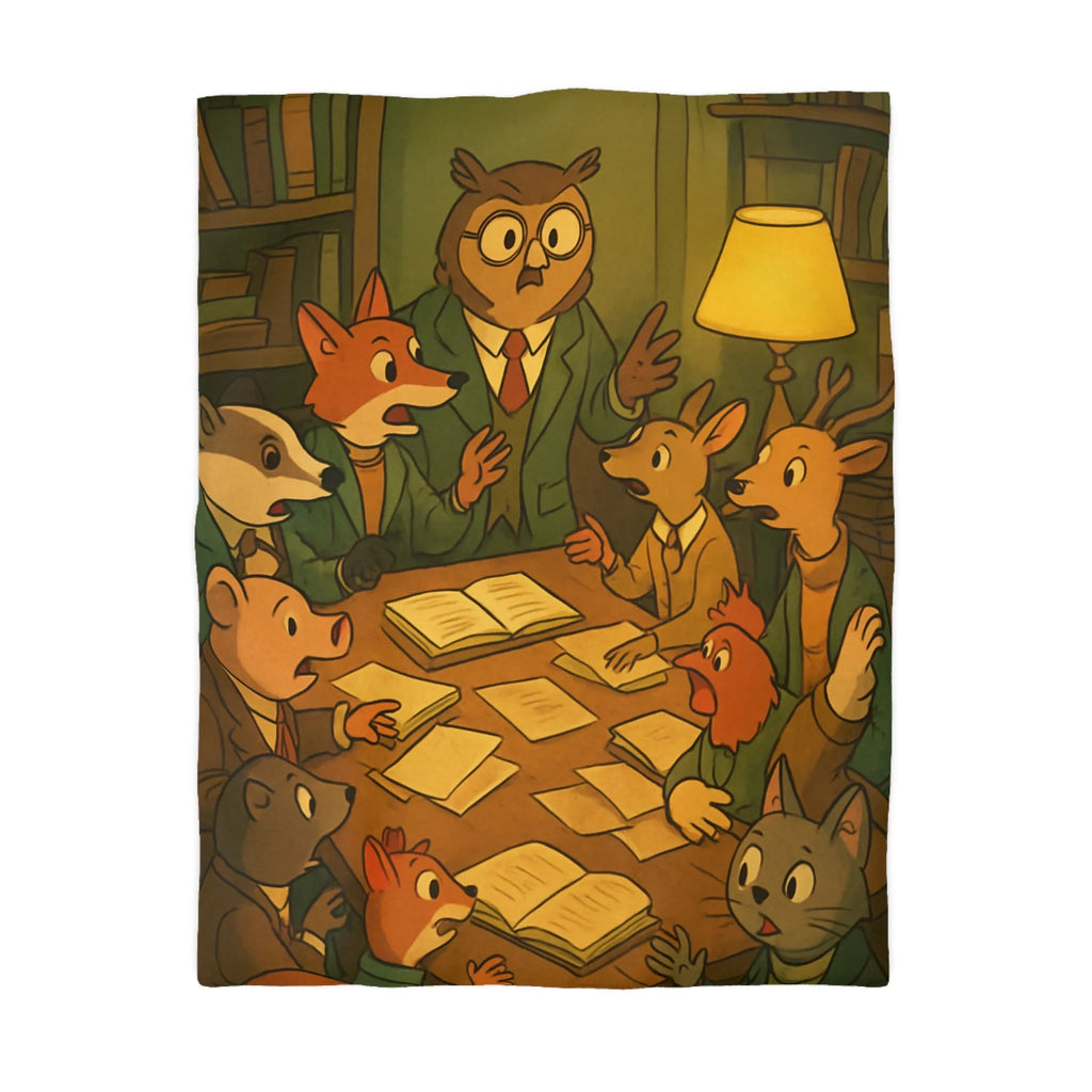 Housse de couette illustrée avec animaux érudits en réunion bibliothèque vintage
