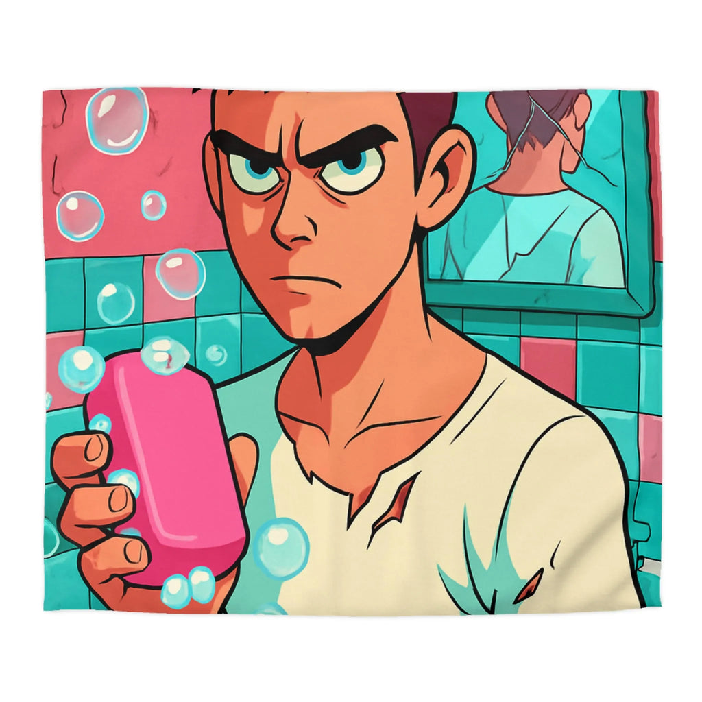 Housse de Couette avec Jeune Homme Déterminé Tenant Un Savon Rose en Colère