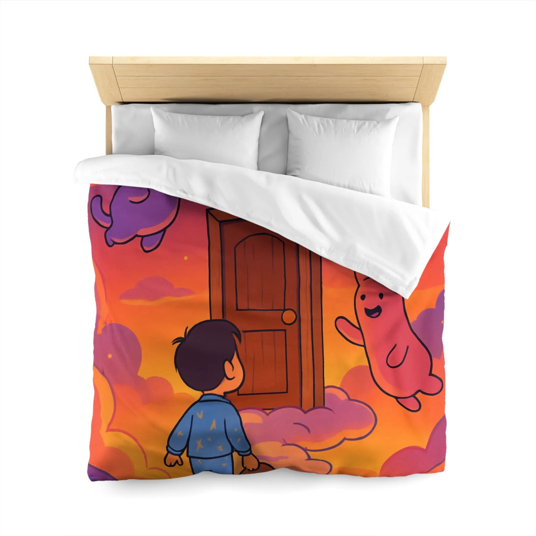 Housse de couette enfants : rêves colorés avec nuages et créatures magiques amusantes