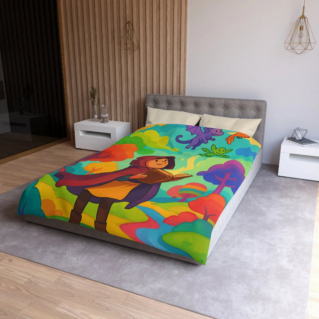 Housse de couette colorée avec scène magique de livre et créatures fantastiques