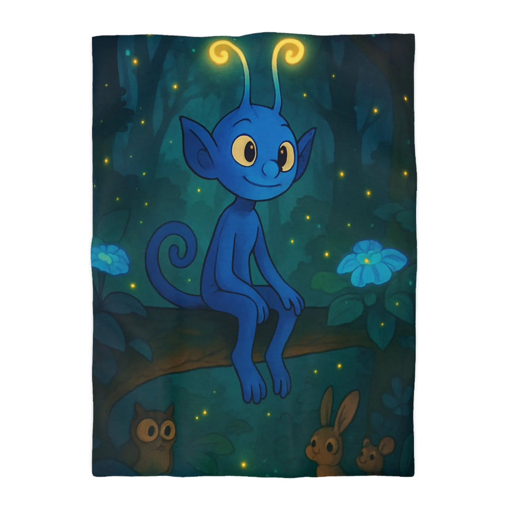 Housse de couette magique avec créature bleue lumineuse et forêt enchantée nocturne