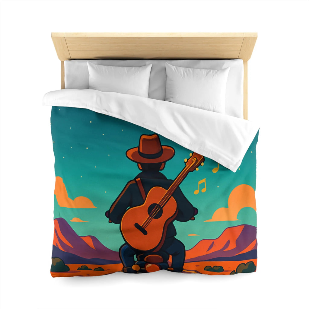Housse de couette illustrée avec musicien en moto sous ciel étoilé et montagnes