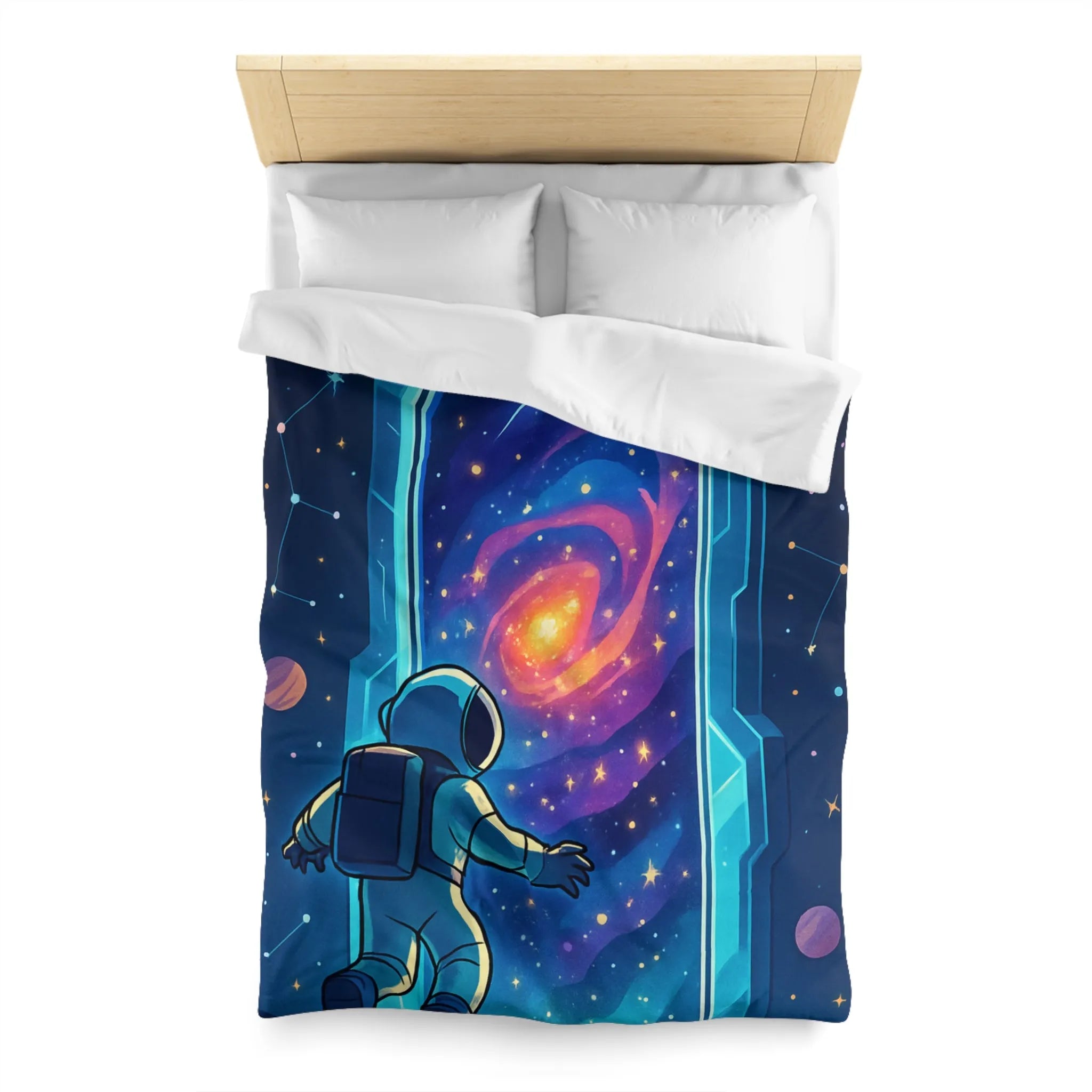 Housse de couette astronaute explorant portail galactique vibrant dans l'espace étoilé