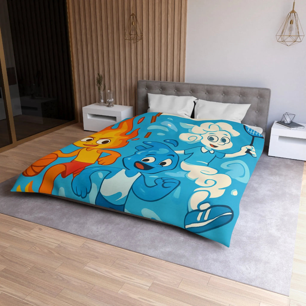 Housse de couette colorée avec motifs d’éléments sportifs et symbole de paix