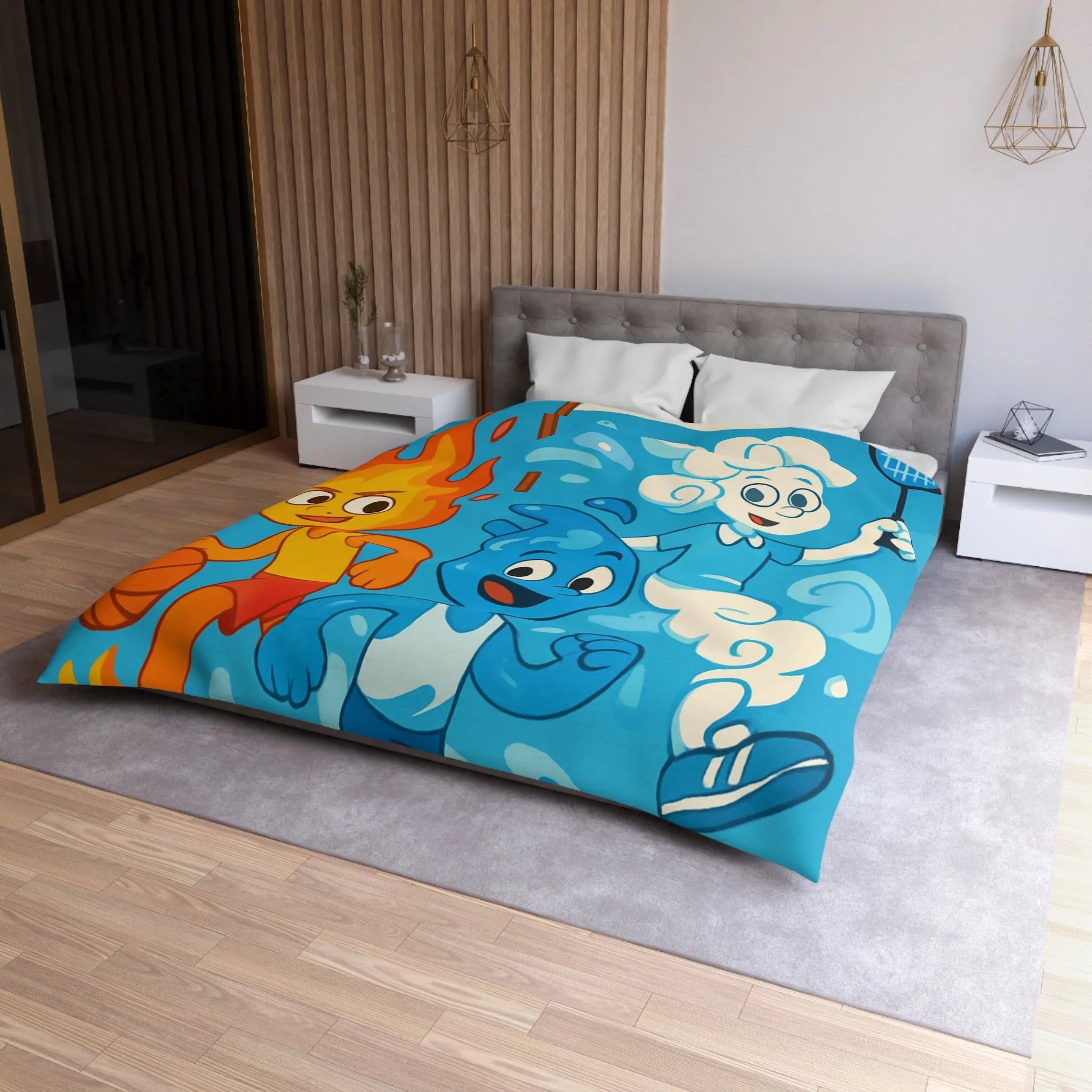 Housse de couette colorée avec motifs d’éléments sportifs et symbole de paix