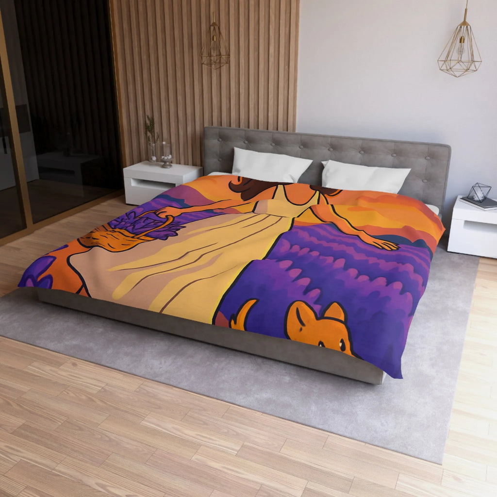 Housse de couette avec design fille et chien dans champ de lavande au coucher du soleil