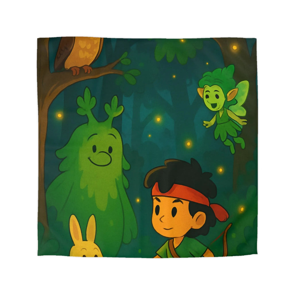 Housse de couette enfant illustrée avec scène de forêt enchantée et personnages magiques
