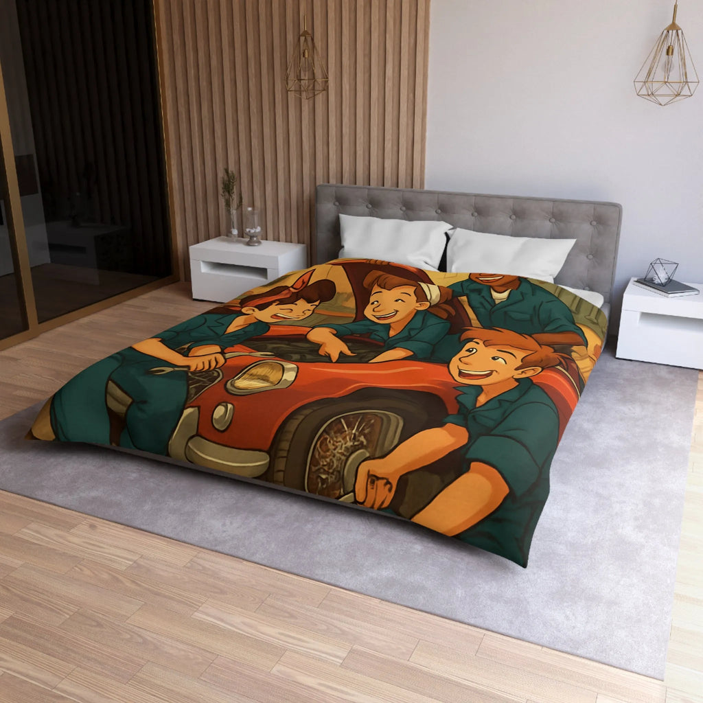 Housse de couette atelier mécanique vintage avec jeunes mécaniciens et voiture rouge joyeuse