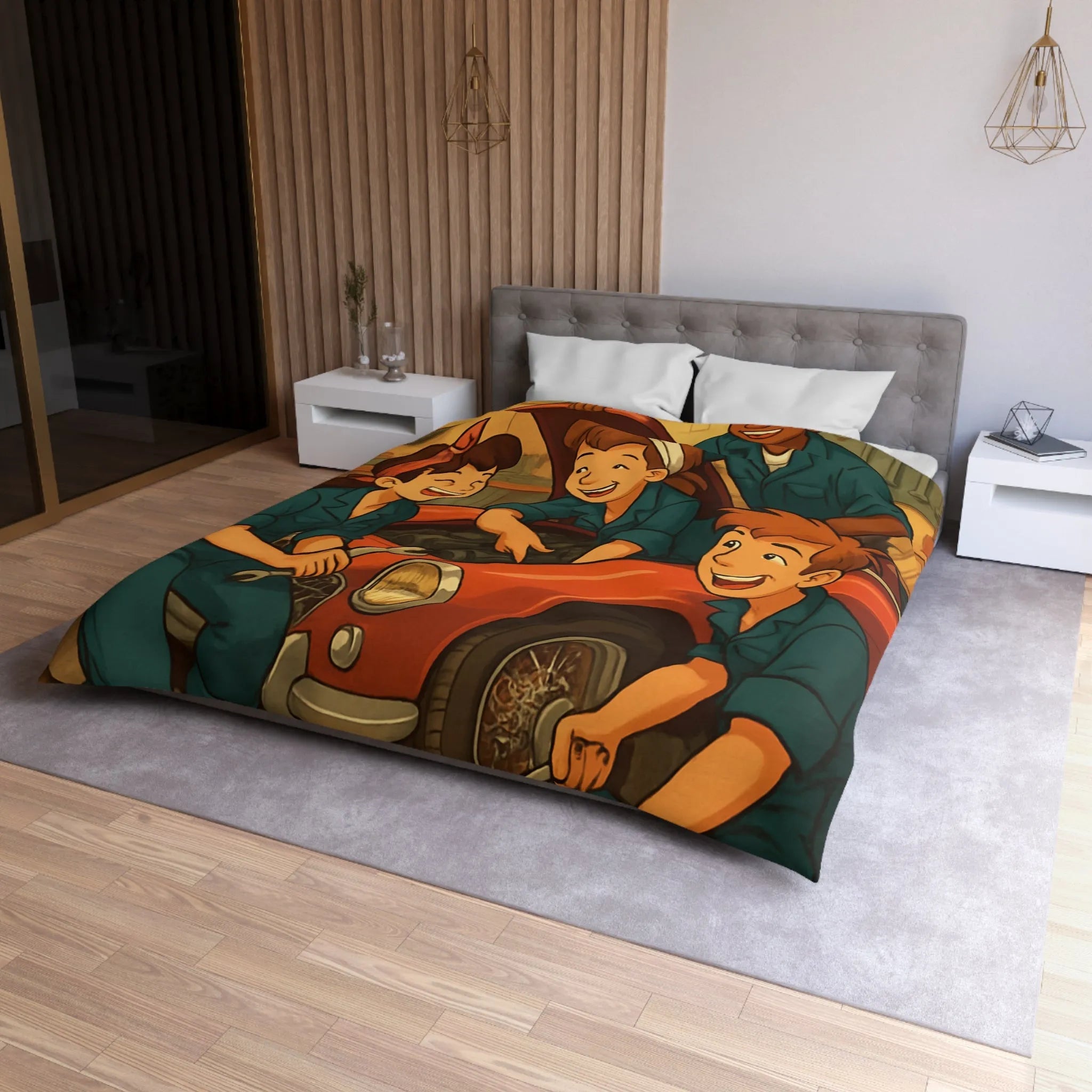 Housse de couette atelier mécanique vintage avec jeunes mécaniciens et voiture rouge joyeuse