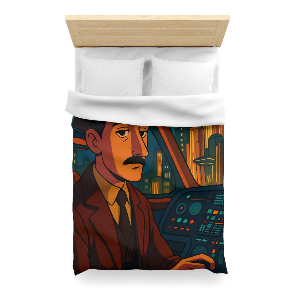 Housse de couette rétro-futuriste avec illustration de ville et pilote dans vaisseau