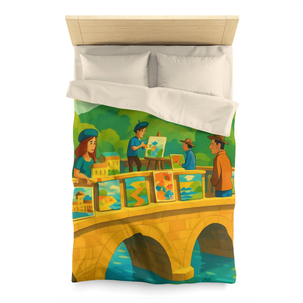 Housse de couette colorée thème pont artistique avec moulins à vent et paysage