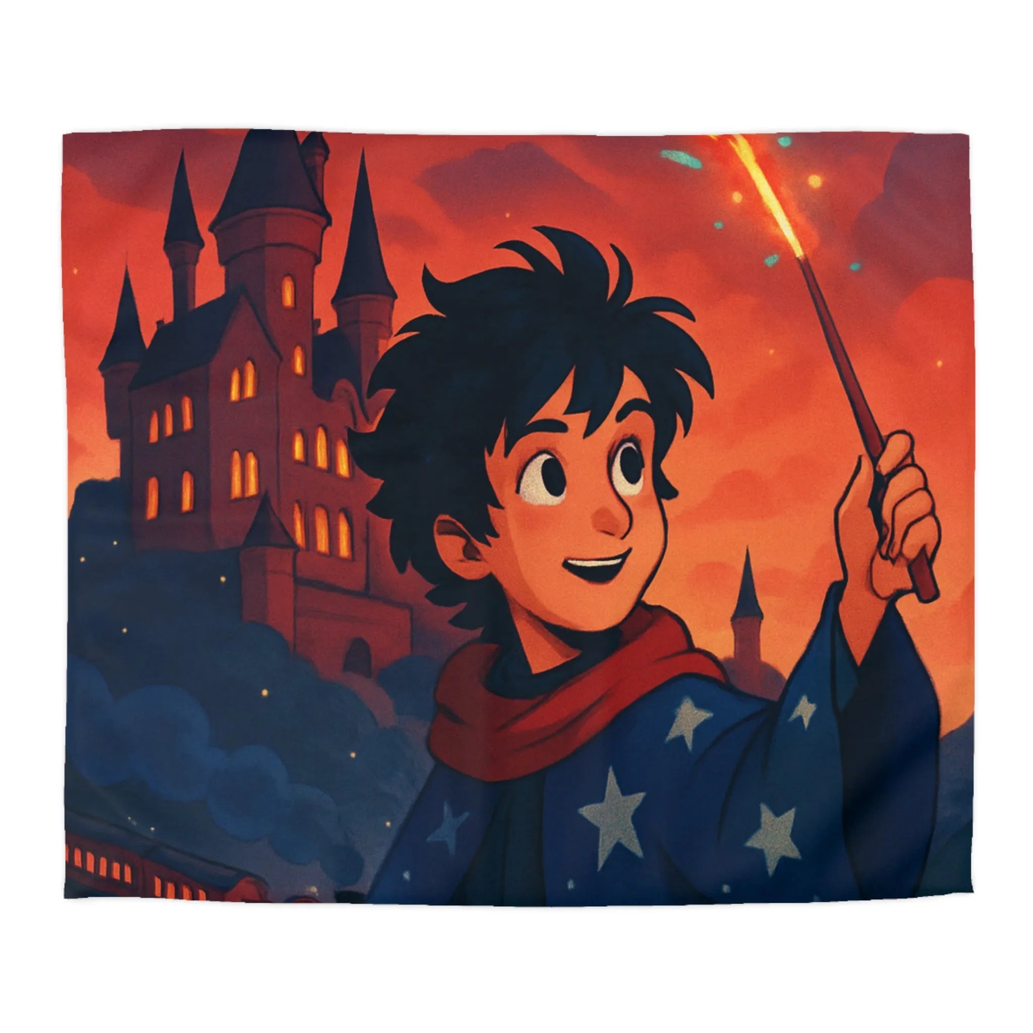 Housse de Couette Enfant Magie Château Nuit Feu d'Artifice Dragon et Hibou