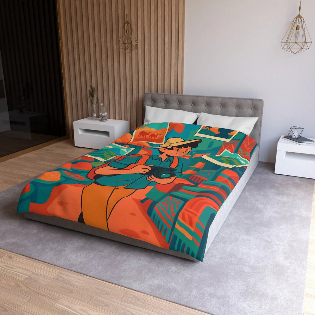 Housse de Couette Colorée avec Voyageur Photographiant un Marché Animé et Vibrant