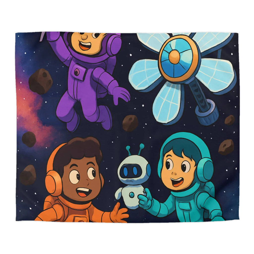 Housse de couette inspirée espace enfants, astronautes colorés, étoiles et planètes joyeuses