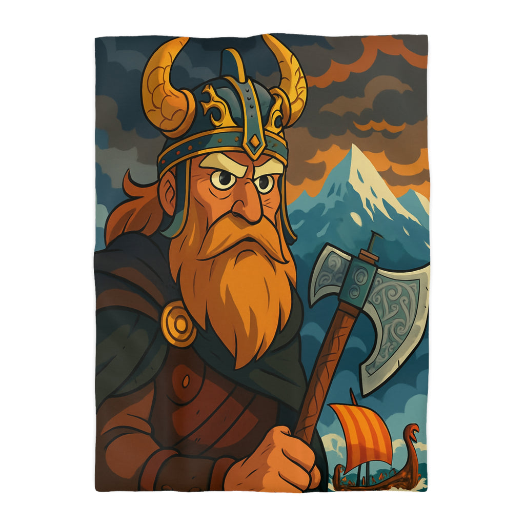Housse de couette Viking féroce, paysage nordique et drakkar, ambiance mythique captivante