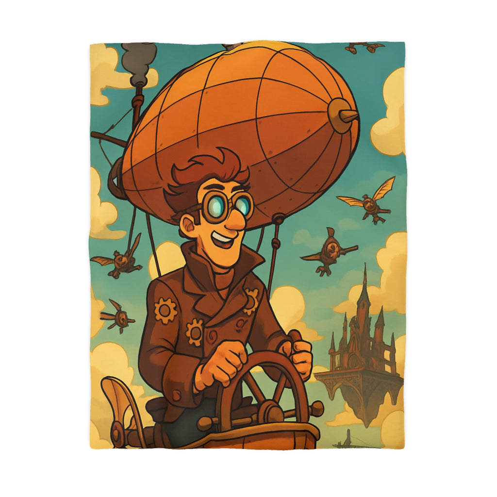 Housse de Couette Steampunk avec Ballon Dirigeable et Cité Volante dans le Ciel