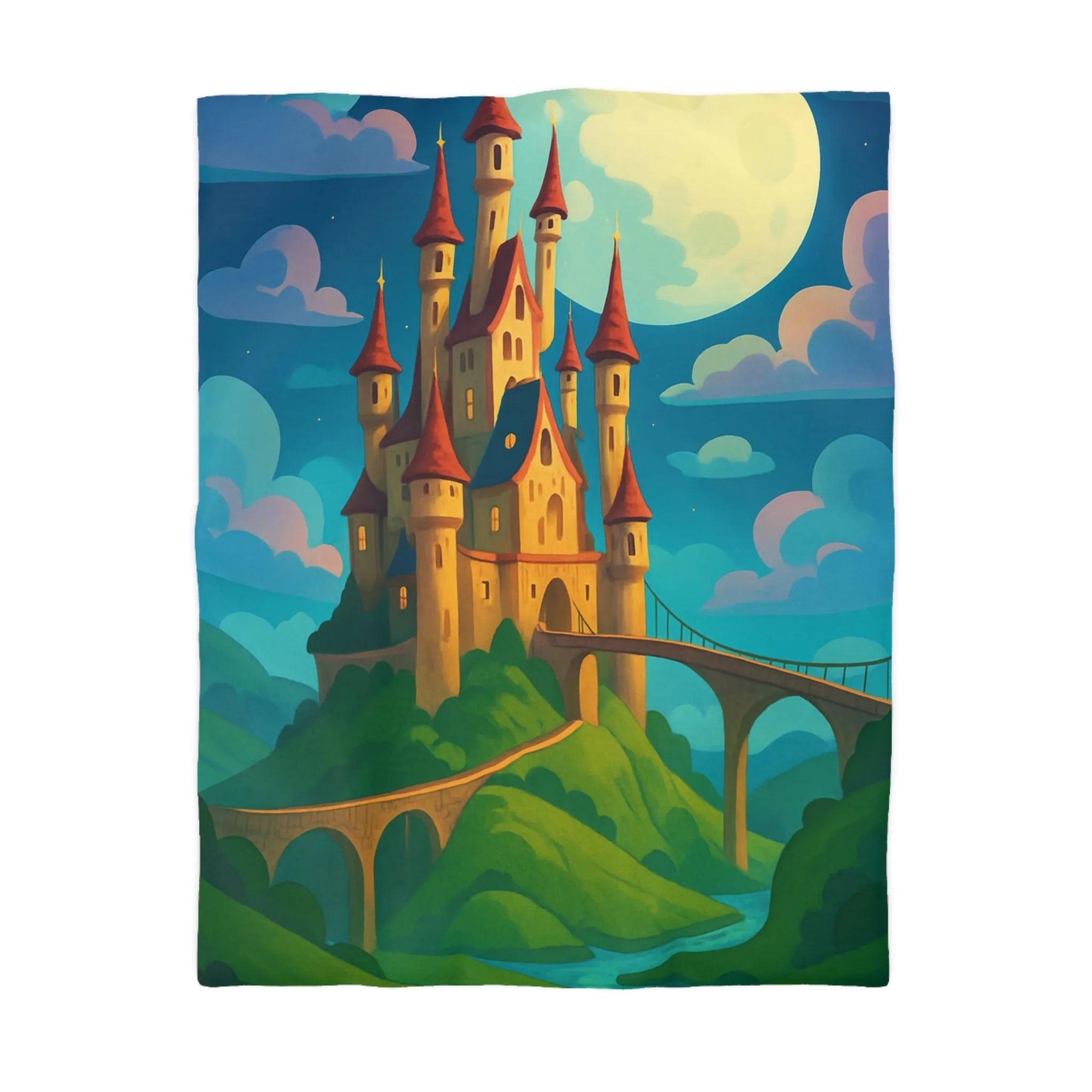 Housse de couette château féerique illuminé par la lune dans un paysage enchanteur nocturne