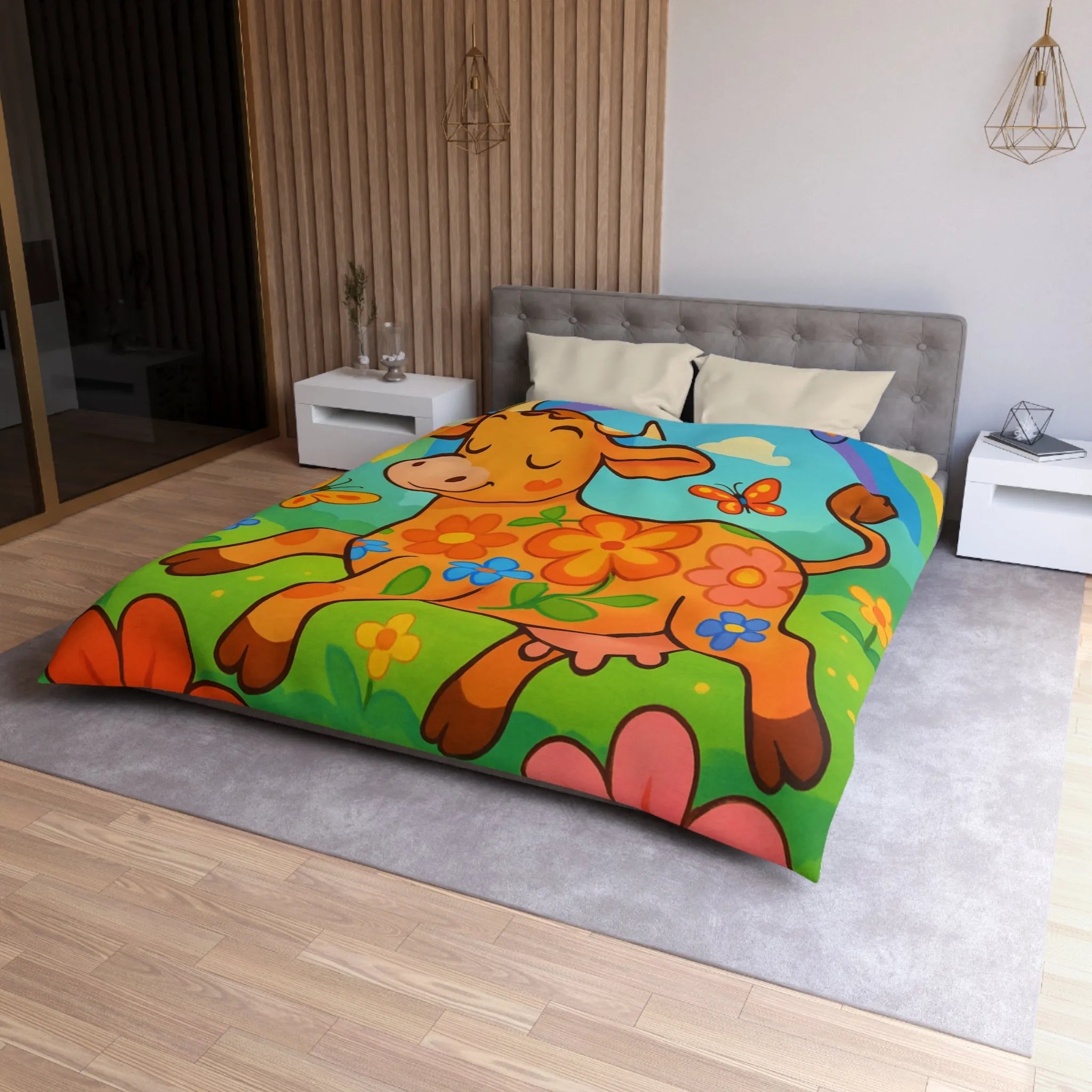 Housse de Couette Enfant Joyeuse Vache Orange Sous Arc-en-Ciel et Papillons Colorés