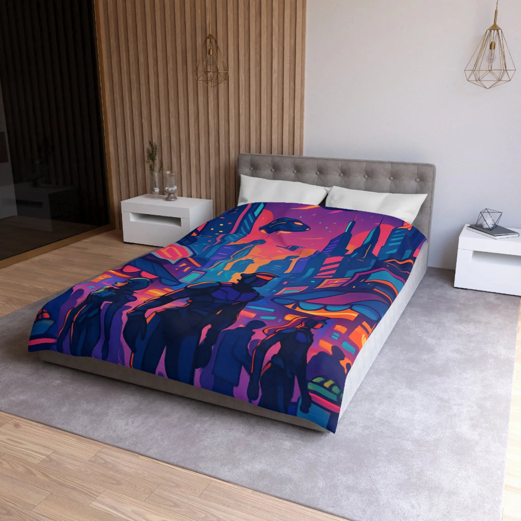Housse de couette futuriste avec skyline néon et silhouettes urbaines nocturnes modernes