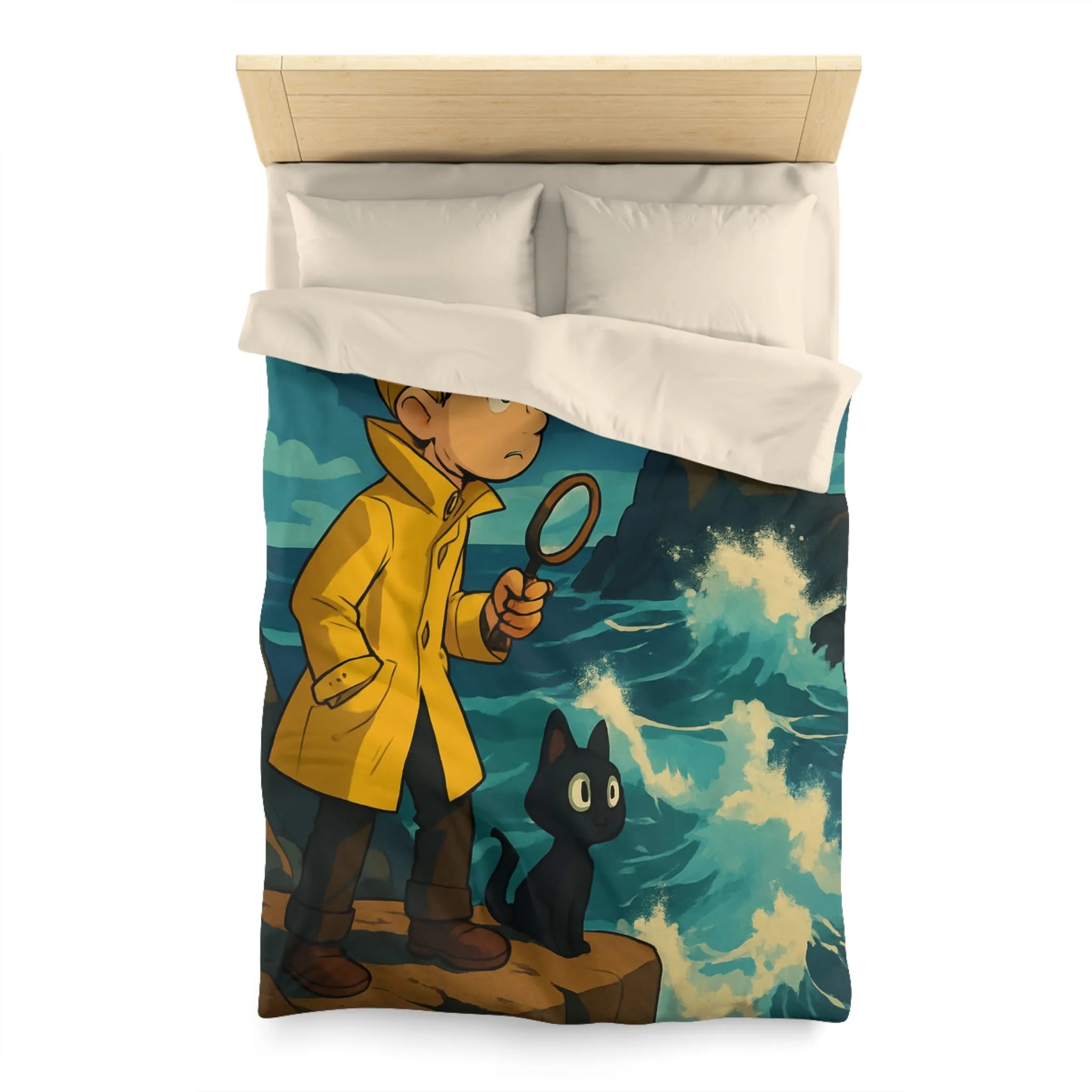 Housse de Couette Aventure Enfantine avec Phare, Océan et Chat Mystérieux