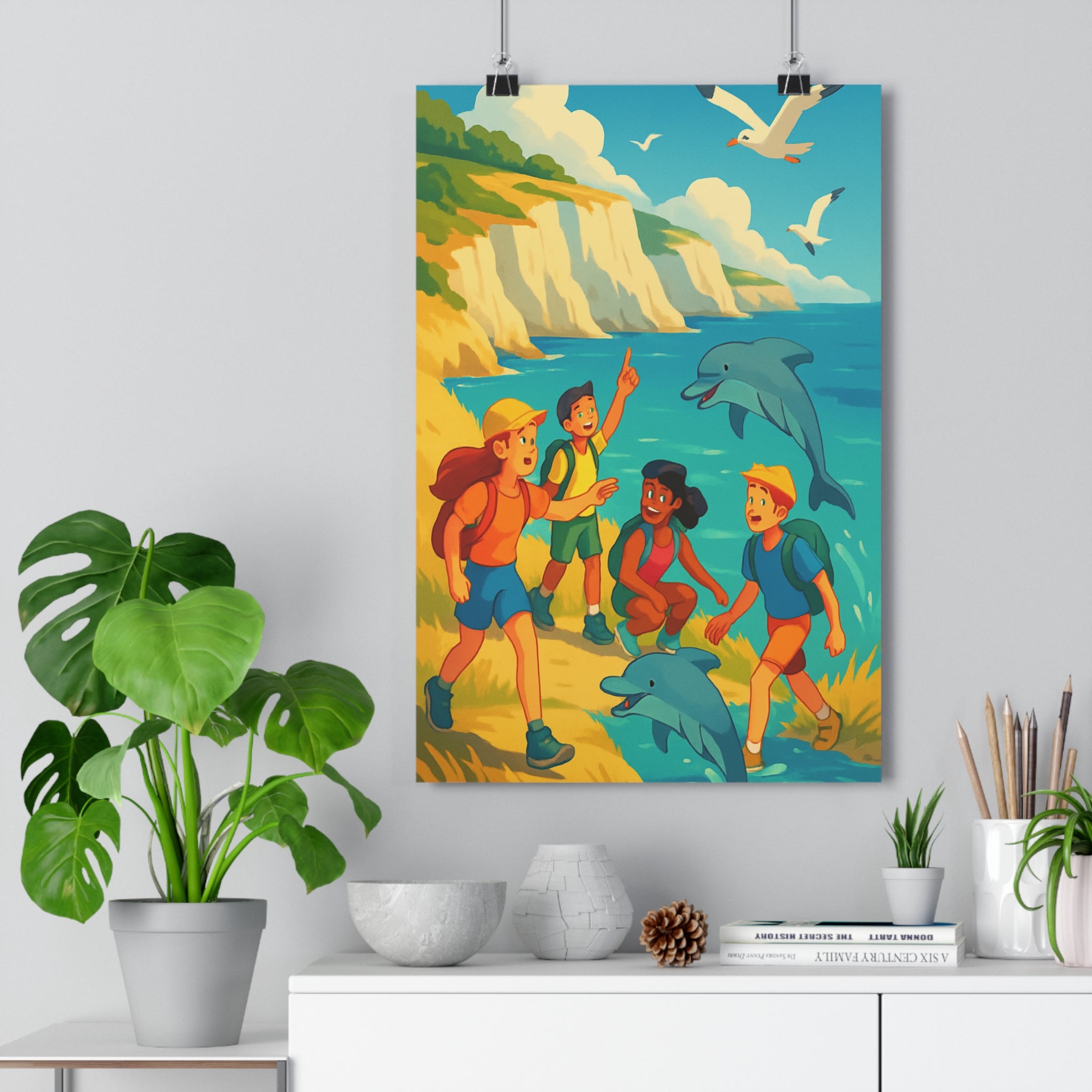 Poster décoratif lumineux aventure méditerranéenne enfants randonnée mer ciel bleu joyeux chambre bureau moderne