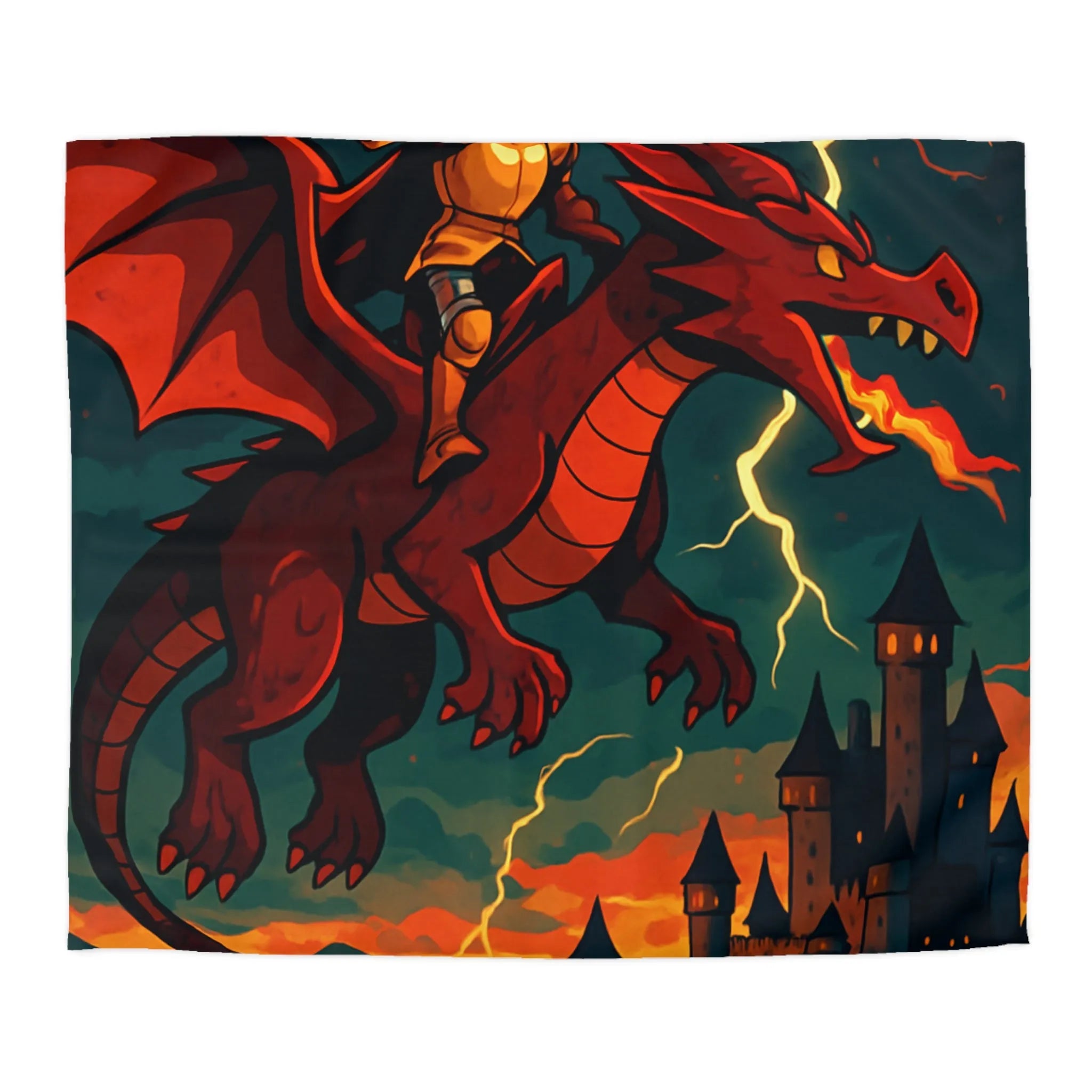 Housse de couette dragon et chevalier doré survolant un château sous l'orage
