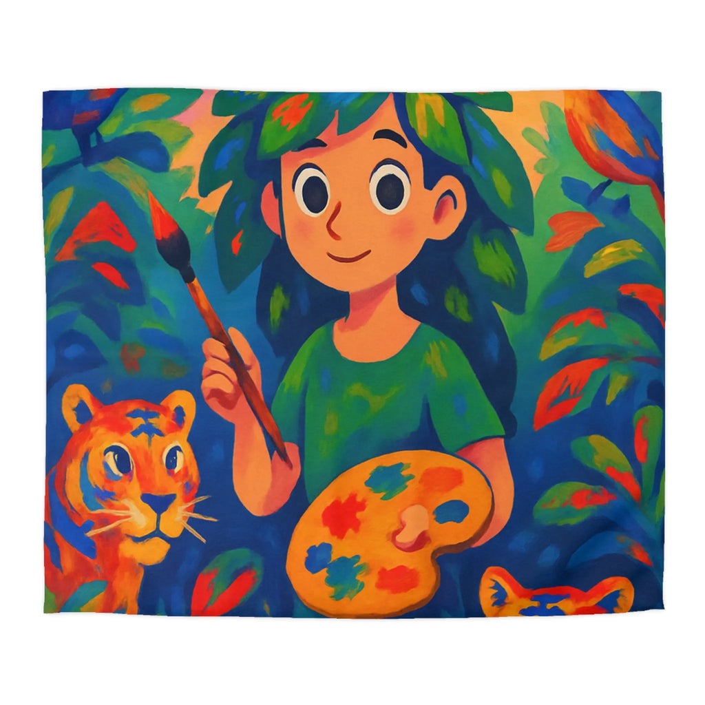 Housse de couette colorée avec tigres et artiste dans une jungle vibrante