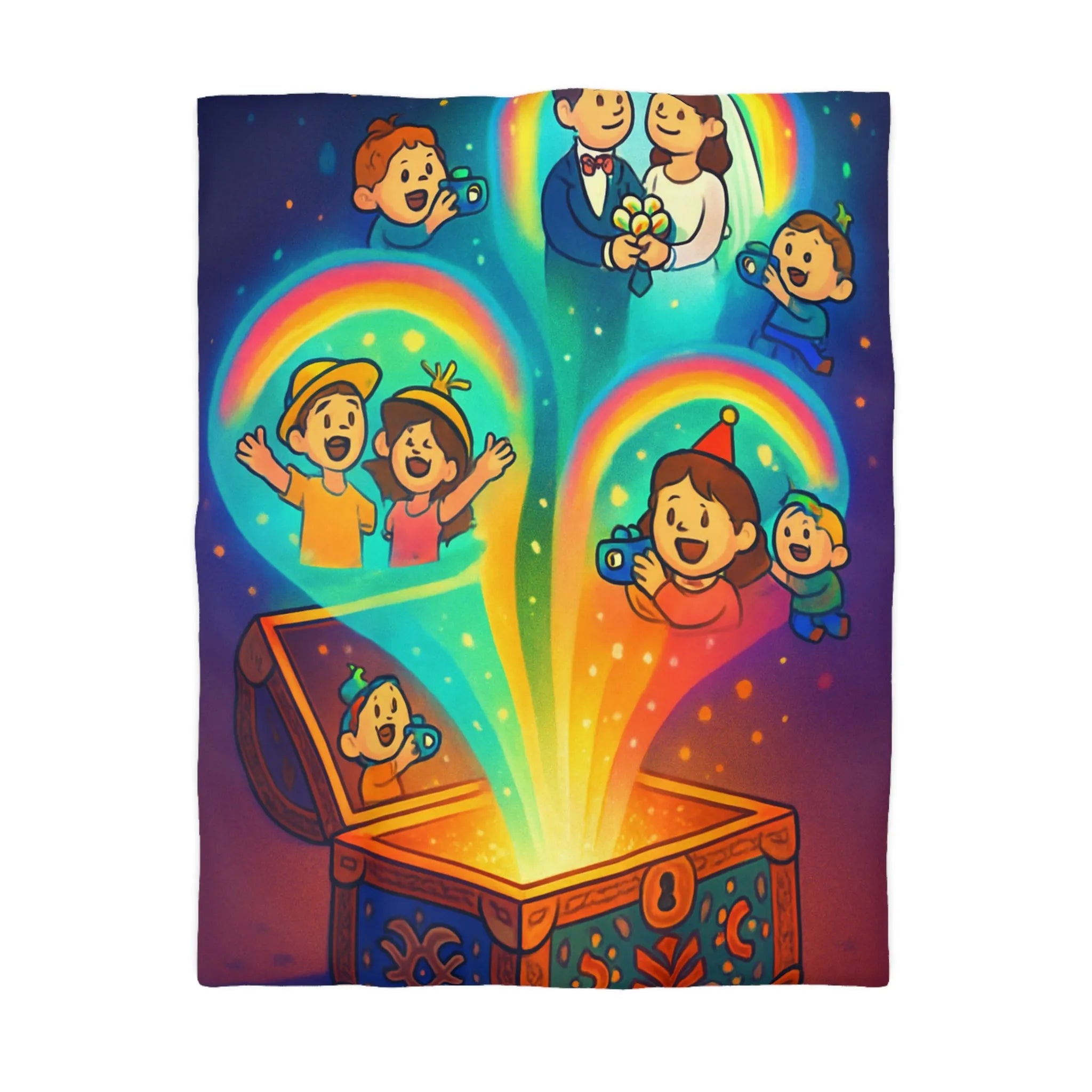 Housse de couette colorée avec coffre magique et souvenirs lumineux pour chambre joyeuse