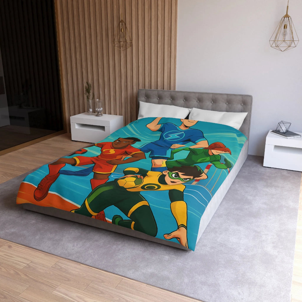 Housse de couette colorée super-héros, style bande dessinée sports, enfants aventure dynamique